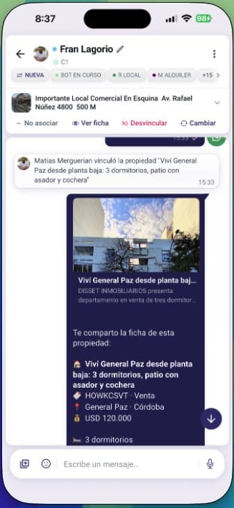Envío de la ficha de una propiedad desde el chat en la aplicación móvil