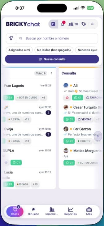 Tablero del embudo en la aplicación móvil de Bricky
