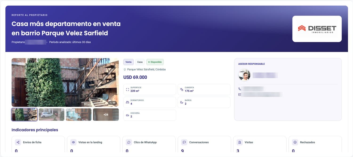Reporte al propietario en Bricky, con los indicadores de la publicación